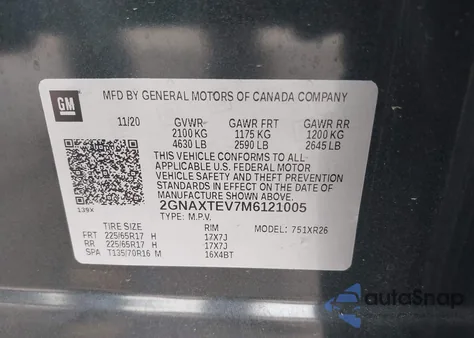 2021 Chevrolet Equinox Awd 2Fl from USA, damaged, VIN 2GNAXTEV7M6121005